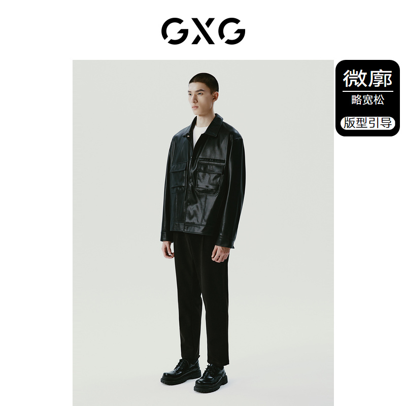 GXG男装黑色口袋设计简约时尚翻领皮衣夹克外套 23冬季新品