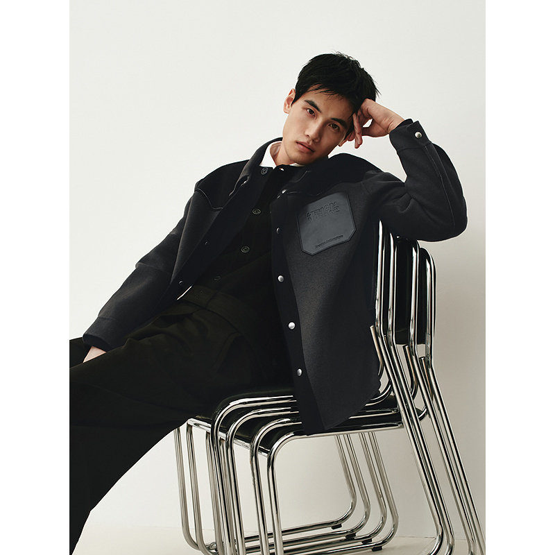 GXG男装 深灰色pu皮口袋拼接短款毛呢羊毛大衣外套 秋冬热销