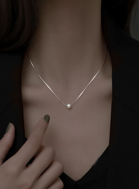 仿珍珠项链女小众简约气质盒子链韩版冷淡风短款锁骨链颈链