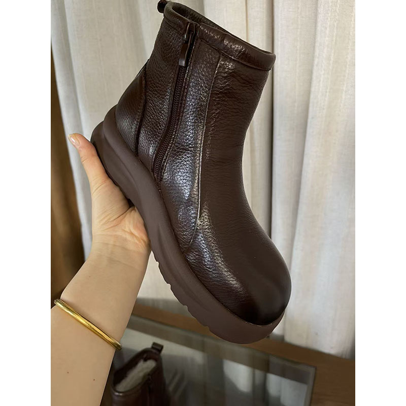 2025秋冬新款真皮短靴女英伦风马丁靴加绒保暖棉鞋-8901 - 图1