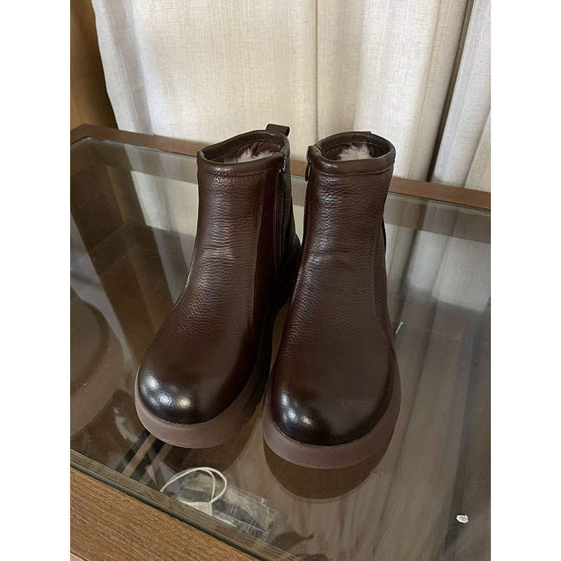 2025秋冬新款真皮短靴女英伦风马丁靴加绒保暖棉鞋-8901 - 图0