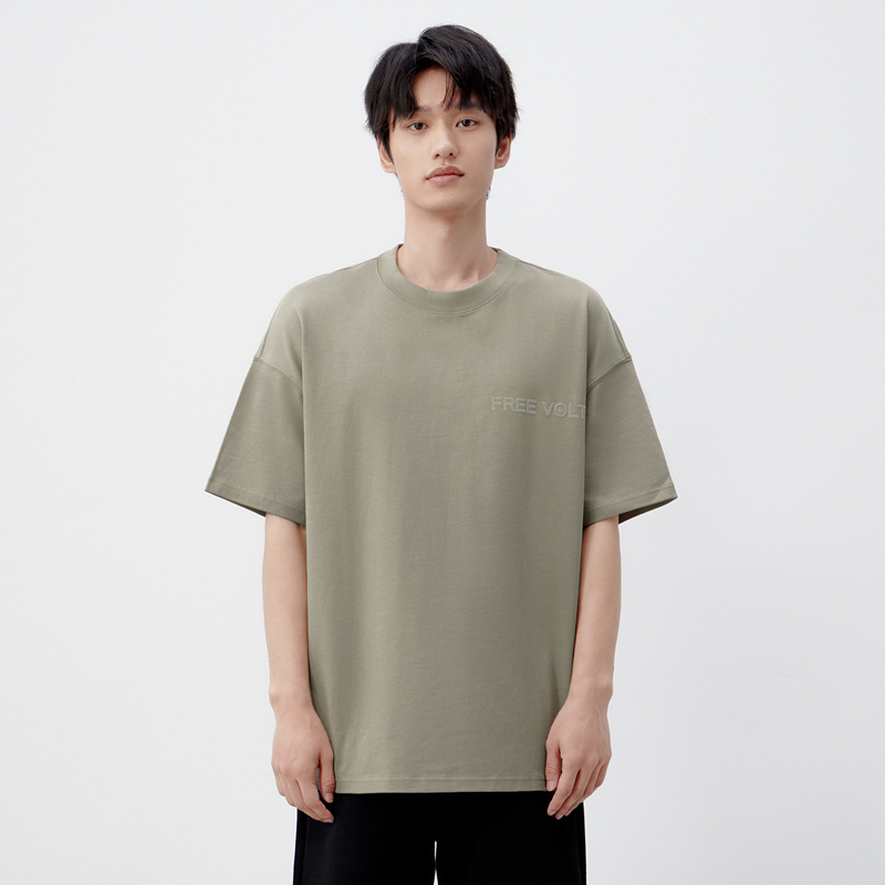 gxgjeans男装 2024年夏季新款100%纯棉体恤灰绿色圆领短袖T恤男 - 图0