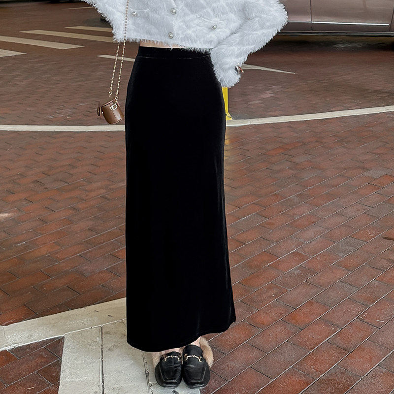 金丝绒半身裙女黑色长裙2025新款秋冬季高腰显瘦垂感开 叉直筒裙,淘宝优惠券,粉丝福利购,淘宝优惠卷