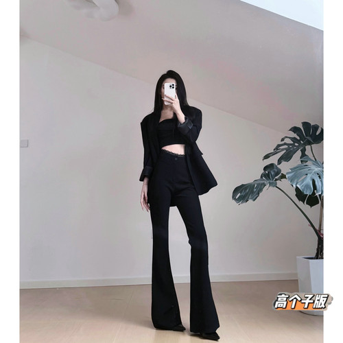 猫猫家加长女裤春夏高个子显身材黑色蕾丝微喇裤高腰紧身休闲长裤 - 图0