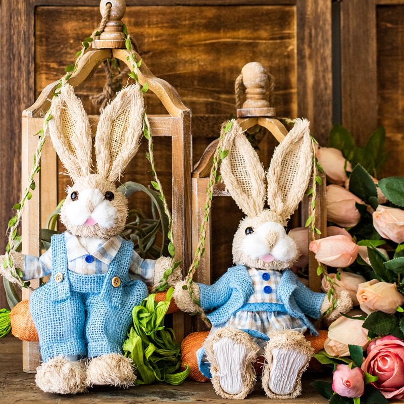 JK慕空间田园草编秋千兔子创意手工壁挂装饰品花园幼儿园可爱挂件 - 图0