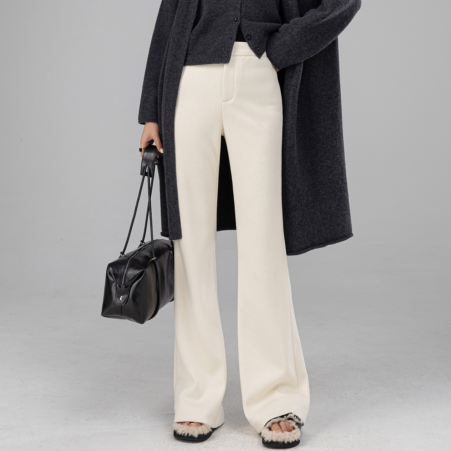 曼依拉白色醋酸羊毛微喇裤女长裤子秋冬厚糯米针织毛呢阔腿喇叭裤,淘宝优惠券,粉丝福利购,淘宝优惠卷