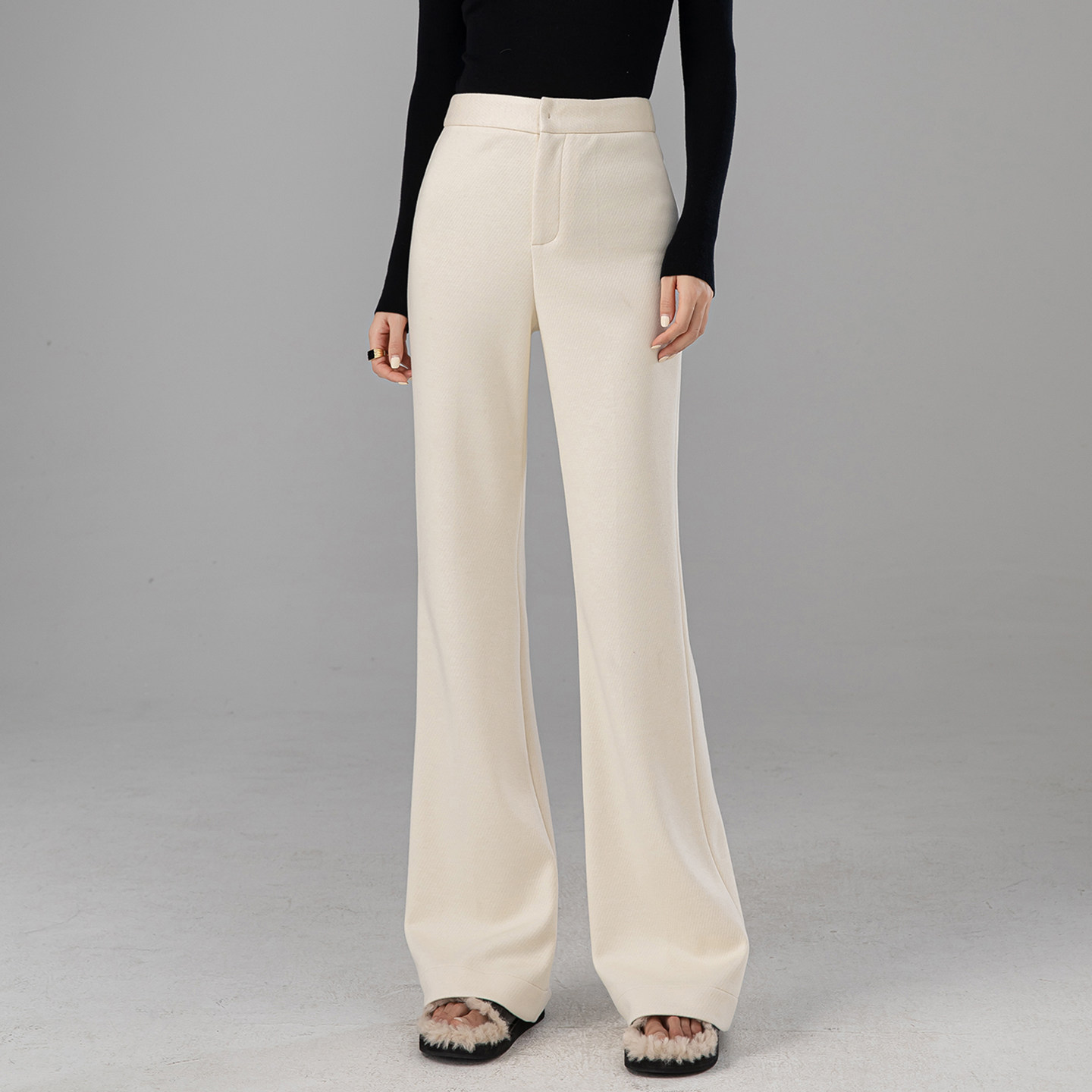 曼依拉白色醋酸羊毛微喇裤女长裤子秋冬厚糯米针织毛呢阔腿喇叭裤,淘宝优惠券,粉丝福利购,淘宝优惠卷