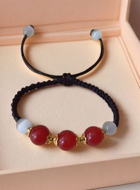 定制刻字红玛瑙猫眼石编织手链情侣黑红绳小众复古手工手绳学生