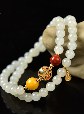 和田玉手串东海水晶玉石南红玛瑙蜜蜡散珠子羊脂玉白玉双圈手链