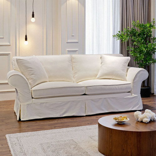 ins风美式现代羽绒裙摆布艺沙发三人全拆洗棉麻红色白中古地中海 - 图2