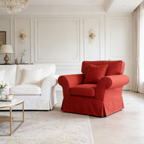 ins风美式现代羽绒裙摆布艺沙发三人全拆洗棉麻红色白中古地中海 - 图0