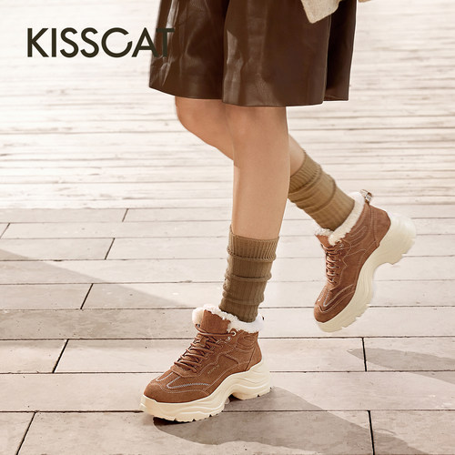 KISSCAT接吻猫[追风]户外增高毛靴25新老爹鞋加绒厚底雪地靴棉鞋 - 图3