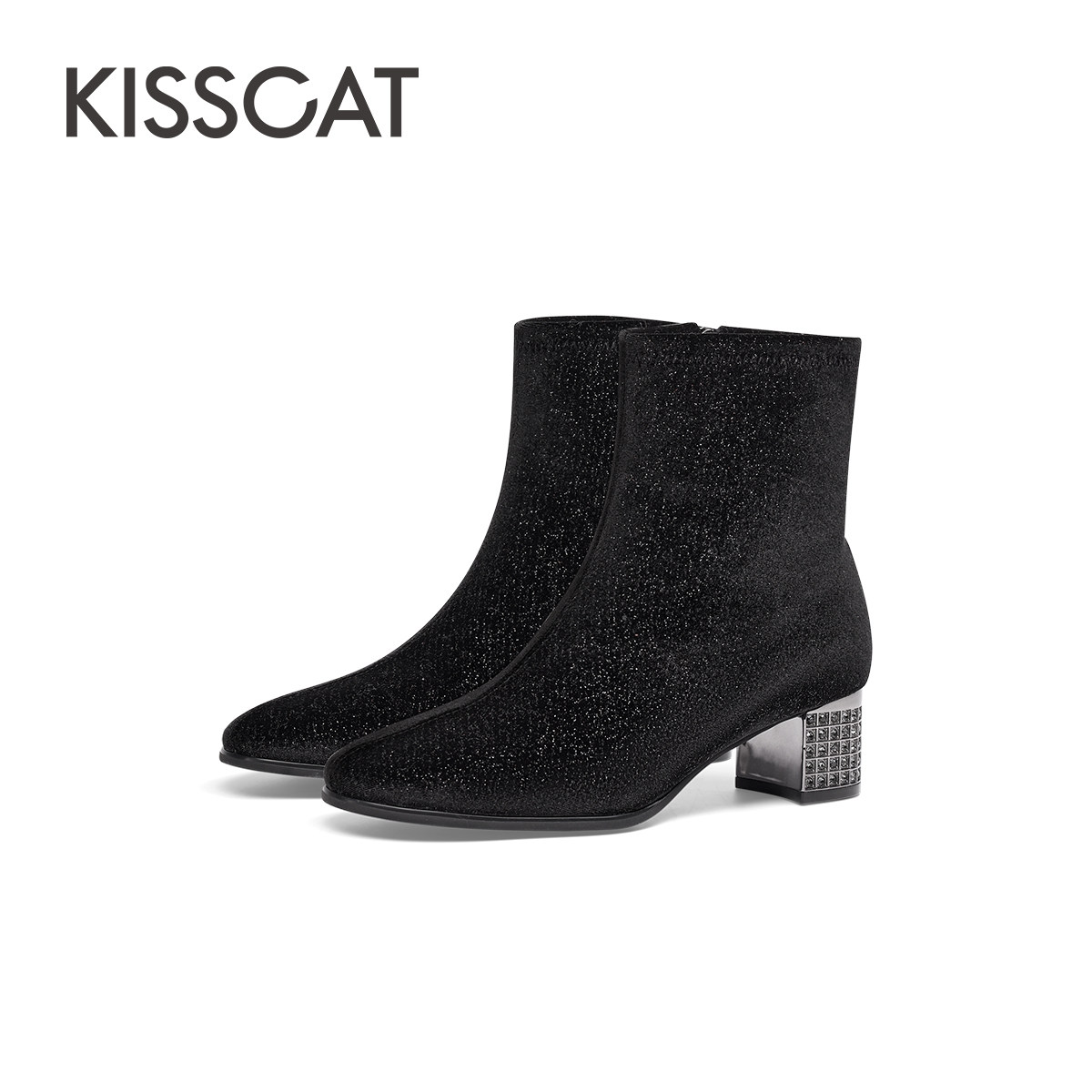 KISSCAT接吻猫新款真皮黑色高跟短靴尖头粗跟高级时装靴女,淘宝优惠券,粉丝福利购,淘宝优惠卷