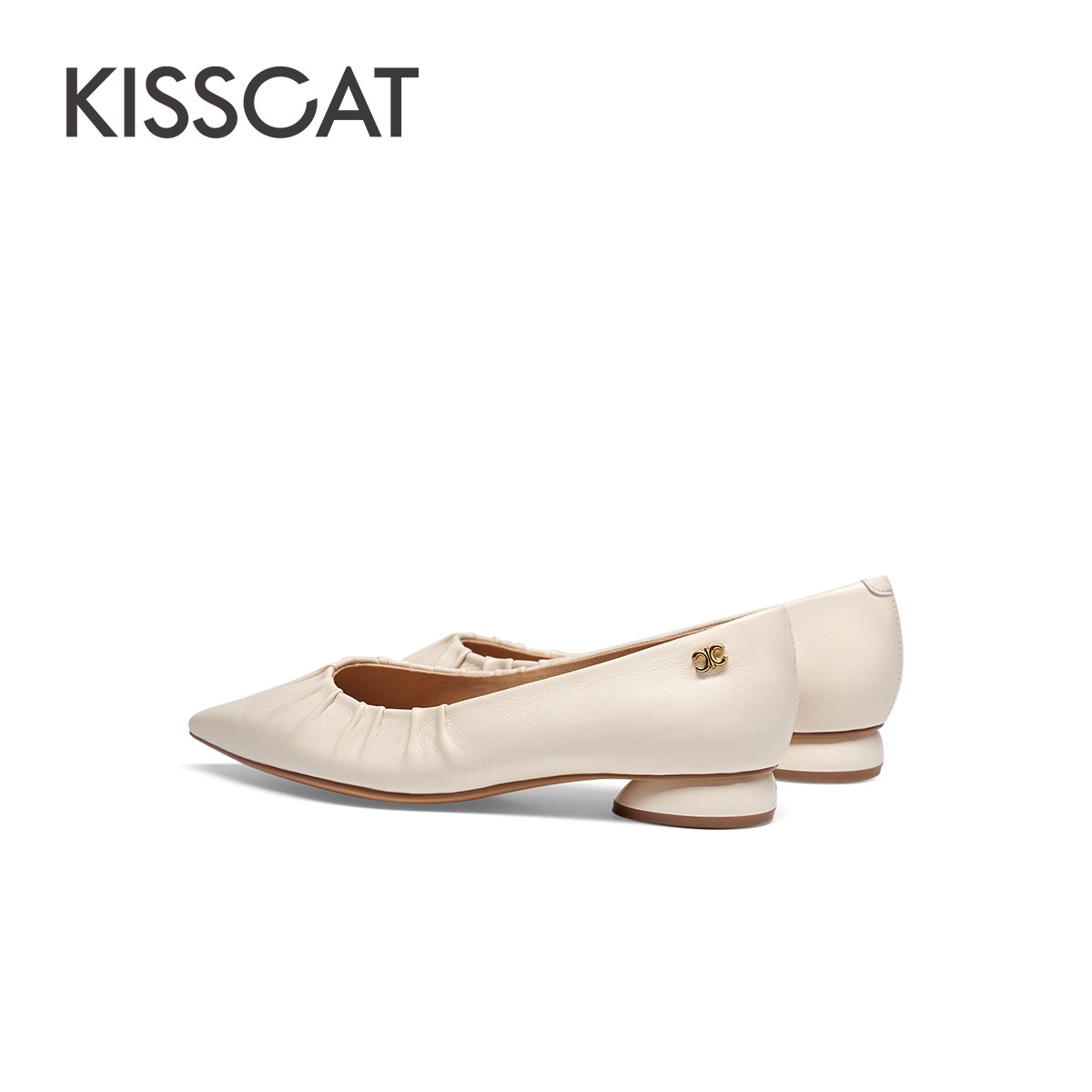 KISSCAT接吻猫通勤气质平底鞋百搭舒适尖头真皮白色法式单鞋女,淘宝优惠券,粉丝福利购,淘宝优惠卷