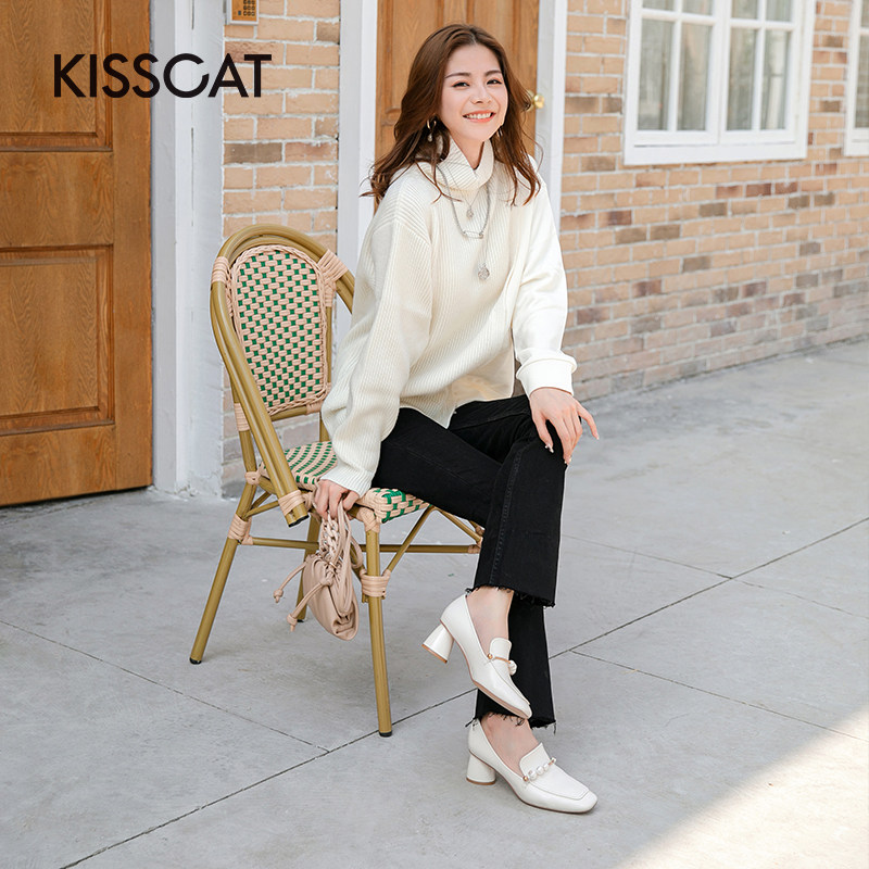 接吻猫2020年秋季新款中粗跟饰扣 kisscat乐福鞋（豆豆鞋）