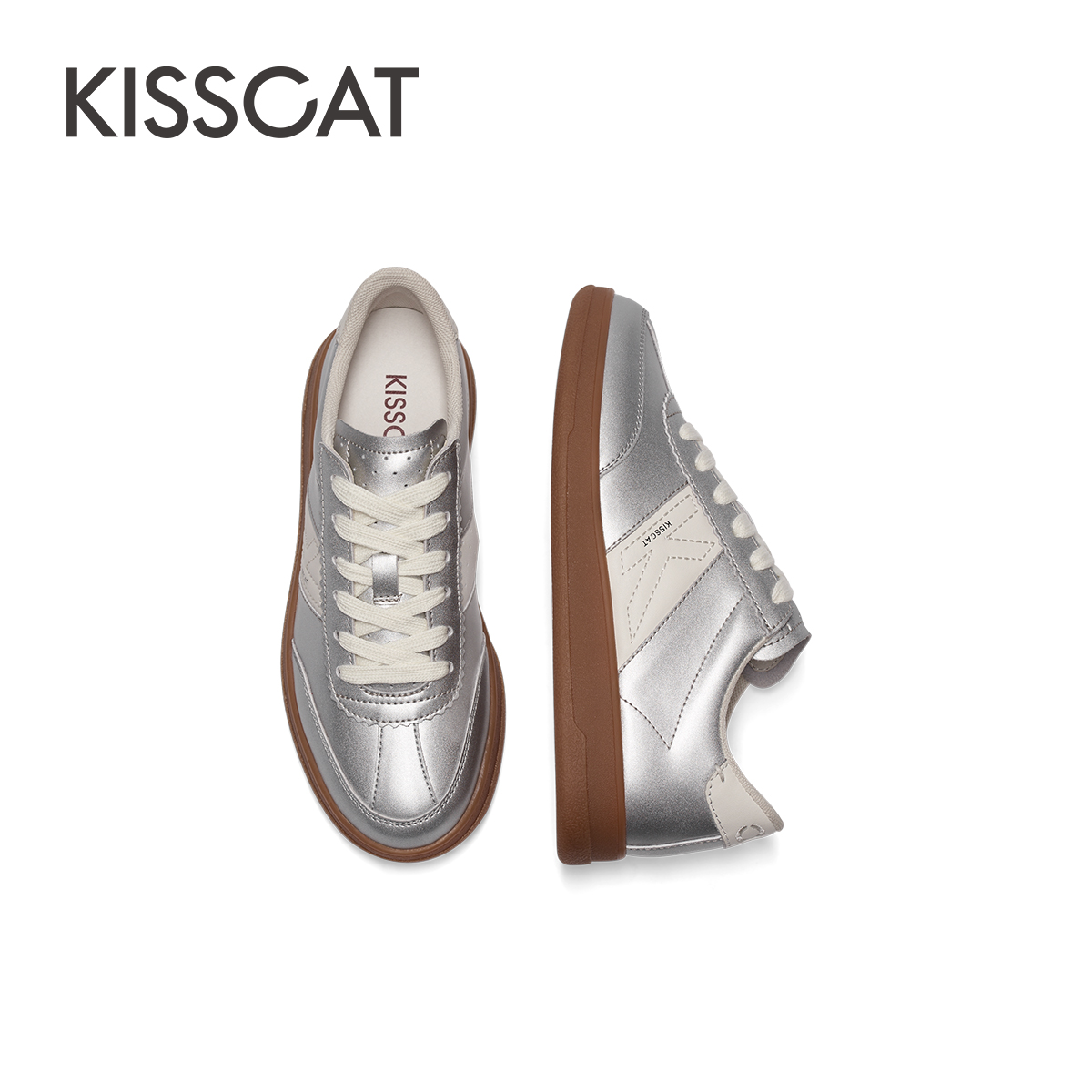 KISSCAT接吻猫2024春季新款休闲鞋平底阿甘鞋复古德训鞋小白鞋女 - 图3