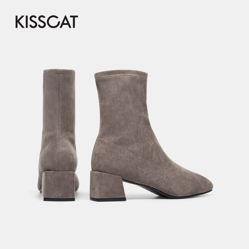 接吻猫秋冬季新款圆头中粗跟潮女鞋 kisscat时装靴