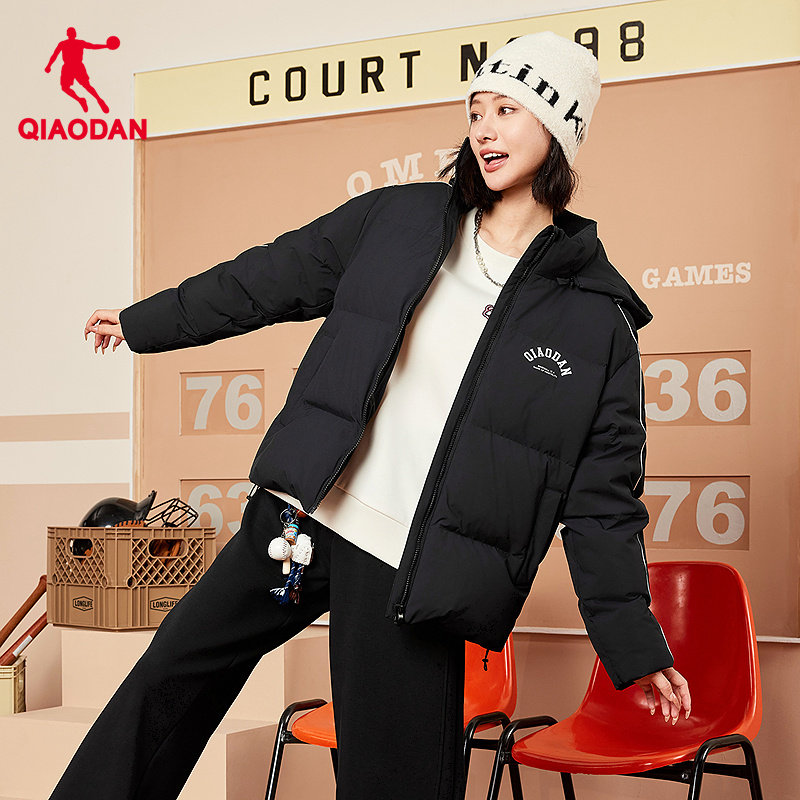 乔丹防风羽绒服女生宽松连帽2025冬季新款商场同款抗静电防泼水