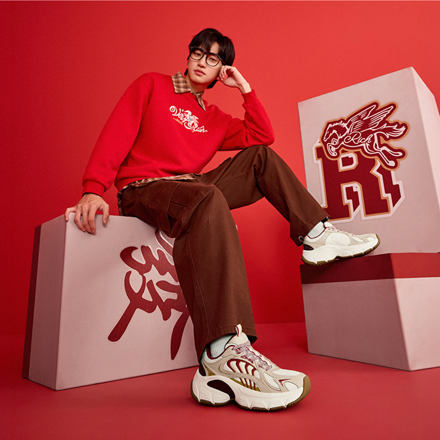 乔丹锦鲤新年红色休闲鞋男运动鞋2026春季新款厚底增高老爹鞋男鞋