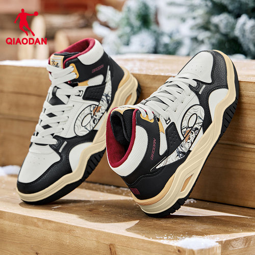 乔丹启承冬季高帮加绒板鞋黑灰色运动棉鞋皮面保暖男款潮流休闲鞋 - 图2