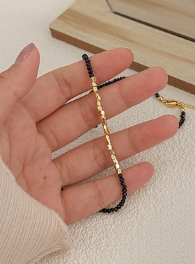 黑色水晶拼接串珠项链碎银子简约