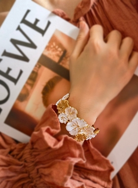 法式手作复古花朵开口滴釉手镯女