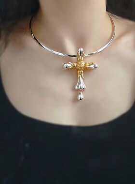 欧美风双色十字架锁骨链女款