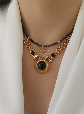 欧美小众复古百搭黑玛瑙双层链条锁骨链ins法式怀旧中性项链套装