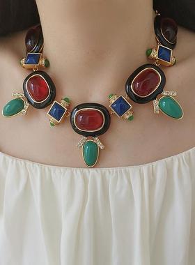 中古名媛夸张撞色琉璃遮疤项链女