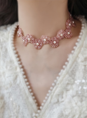 欧美小众蕾丝花朵珍珠锁骨链