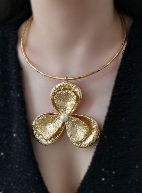 欧美跨境不规则金属感花瓣项圈