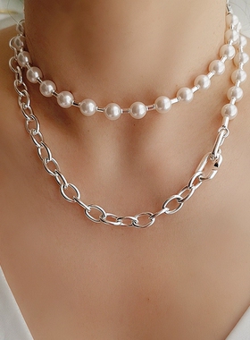 多种带法U型扣珍珠拼接小锁项链