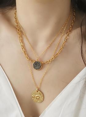 小众三层链条闪钻哑光圆牌项链