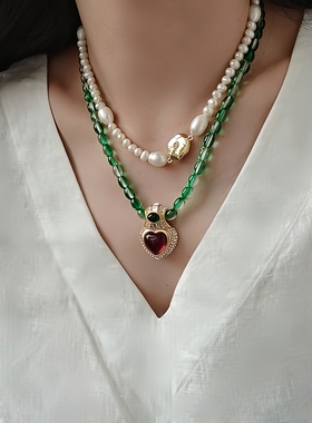 欧美小众复古琉璃珠爱心吊坠项链