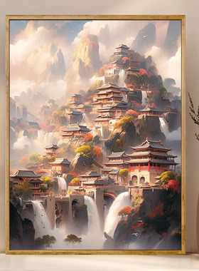 昆仑秘境 数字油画diy高山流水建筑风景治愈系手工涂鸦填色装饰画