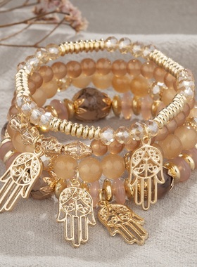 【珠黛饰品】波西米亚手链创意手掌水晶多层串珠时尚手链 九色
