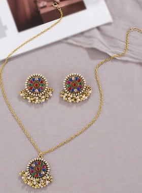 【珠黛饰品】跨境欧美热卖夸张复古民族风铃铛耳钉项链套装 三色