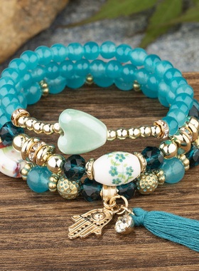 【珠黛饰品】波西米亚多层珠串爱心流苏分层水晶弹力手链 四色