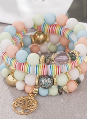 【珠黛饰品】欧美波西米亚创意生命树磨砂珠多层串珠手链 六色