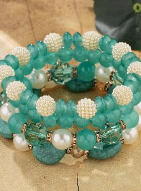 【珠黛饰品】欧美波西米亚多层水晶珠串玻璃珠子多彩手链 六色