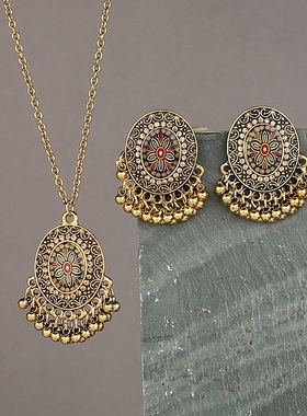 【珠黛饰品】欧美热卖民族风铃铛吊坠耳环耳钉夸张项链套装 四色