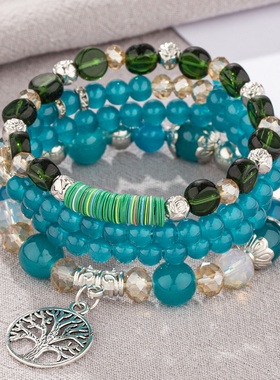 【珠黛饰品】欧美时尚波西米亚多层珠串小象树叶吊坠DIY手链 六色