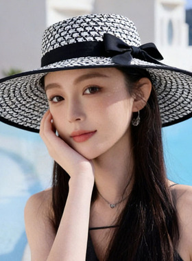春夏黑白英伦大檐防晒草帽女