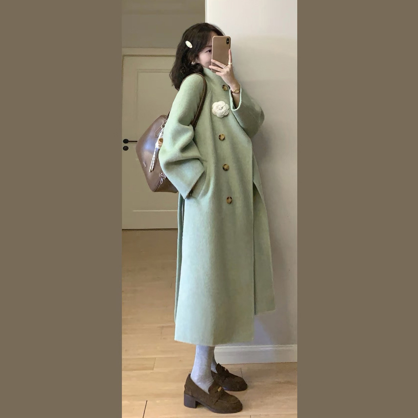 森系复古绿色立领呢子大衣女秋冬季韩版宽松阔显瘦中长款毛呢外套,淘宝优惠券,粉丝福利购,淘宝优惠卷