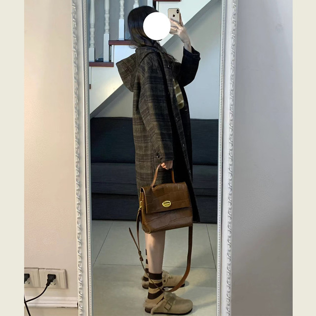 Retro plaid hooded midi-length woolen jacket