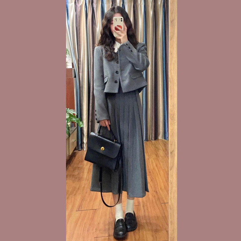 学院风灰色毛呢套装裙女秋冬季高级感显瘦短外套高腰半身裙两件套,淘宝优惠券,粉丝福利购,淘宝优惠卷