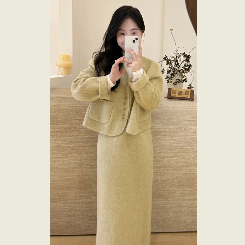 小香风名媛千金气质别致黄色短款毛呢外套直筒半身裙两件套套装女,淘宝优惠券,粉丝福利购,淘宝优惠卷