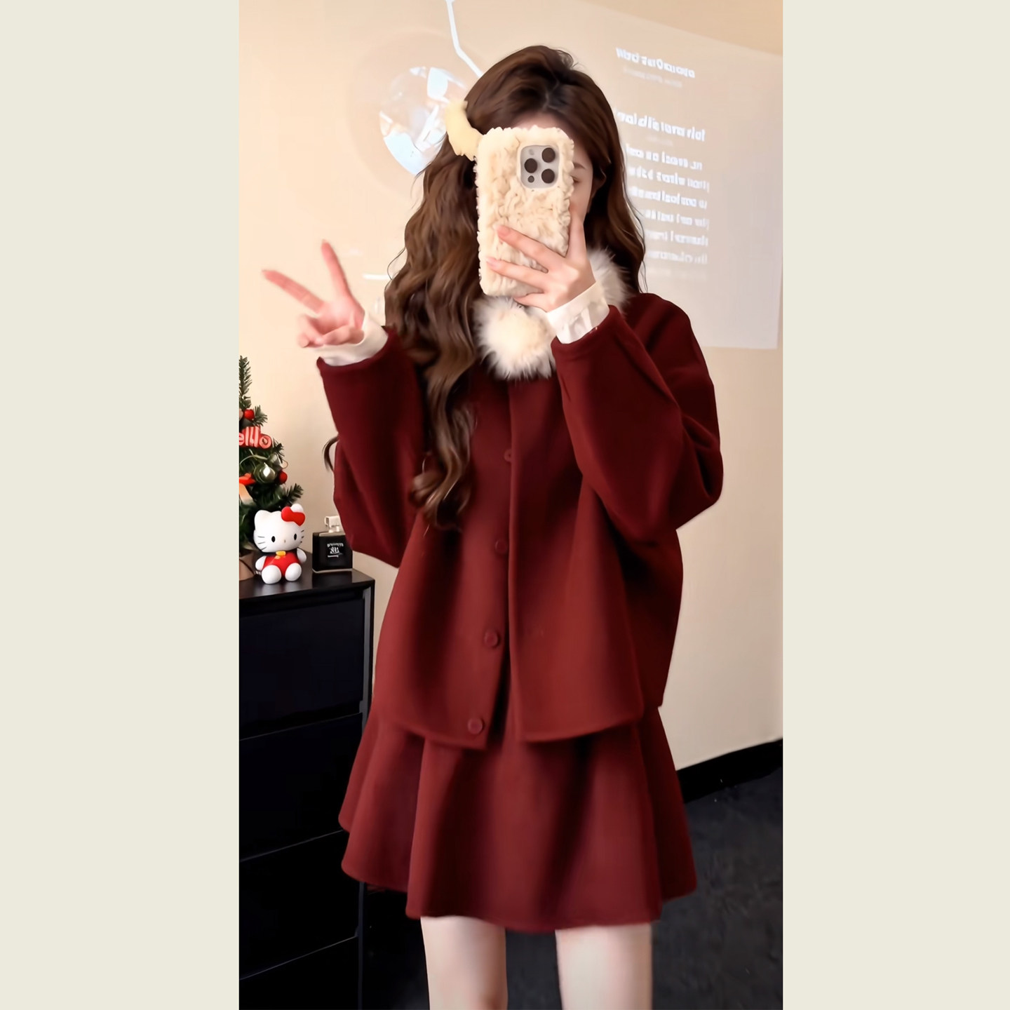 新年穿搭红色小香风两件套女秋冬季红色短款外套半身裙毛呢套装,淘宝优惠券,粉丝福利购,淘宝优惠卷