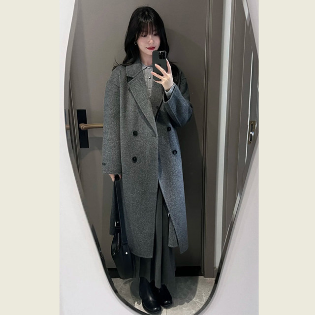 韩系赫本风深灰色呢子大衣女中长款小个子秋冬季高级感毛呢外套