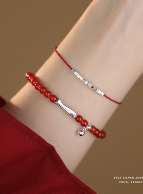 新中式岁岁平安碎银子红绳手链女s925纯银国潮小众设计本命年手绳